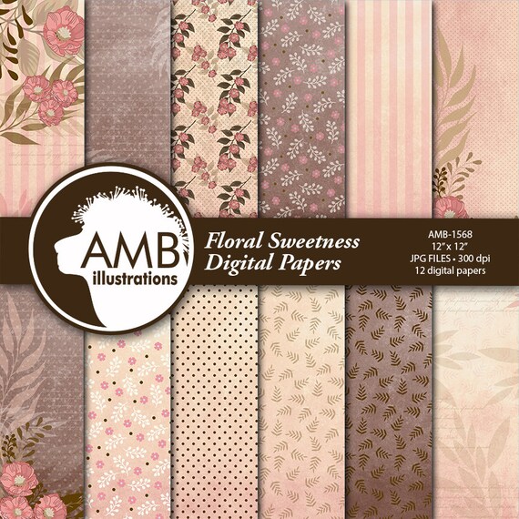 Floral digital papers, Shabby chic floral papers, Floral grunge papers, Brown and beige papers, commercial use, AMB-1568 Il_570xn