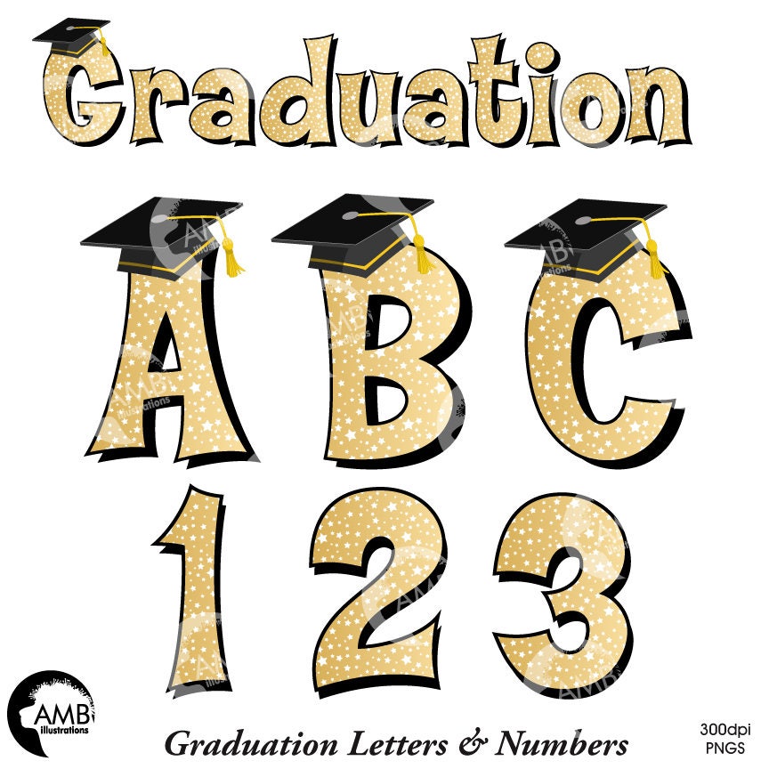 Graduation Alphabet and Numbers Clipart Gold Letters with | Etsy