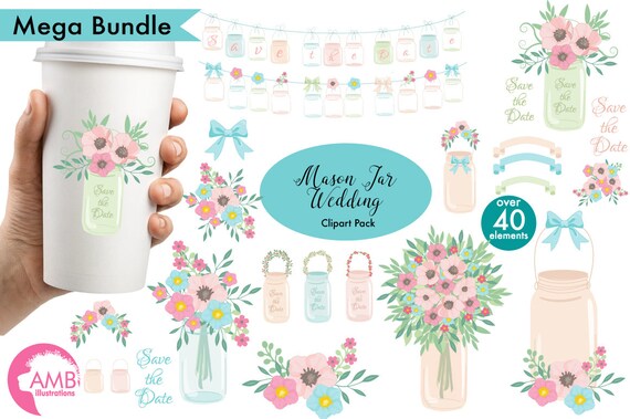 Shabby Chic wedding clipart, Mason jar clipart, Shabby chic floral, save the date clipart, commercial use, AMB-966 Il_570xn