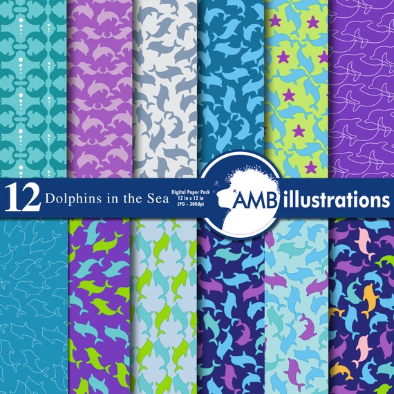 Dolphins patterned digital papers, Sea creatures, Ocean themes, Scrapbook, commercial use, Instant Download, AMB-439 Il_570xn