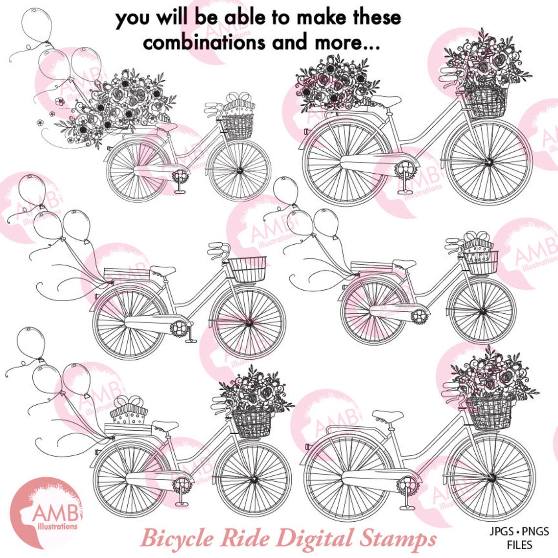 Bicycle Digital stamp Bike digi stamps Bike with flowers Etsy