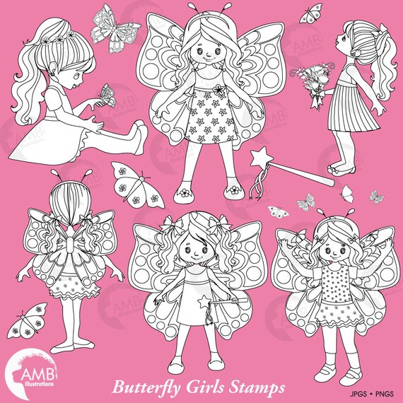 Butterfly Digital Stamps Clipart, Fairy Clipart, Fairy Girls Clipart, Princess Clip art, Butterfly Girls Black Line Clipart, AMB-2252 Il_570xn