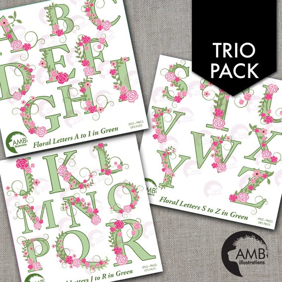 TRIO Floral Alphabet clipart Pack, Shabby Chic Wedding Green Letters and Roses, Floral Letters A to Z, Commercial Use, Amb-1658 Il_570xn
