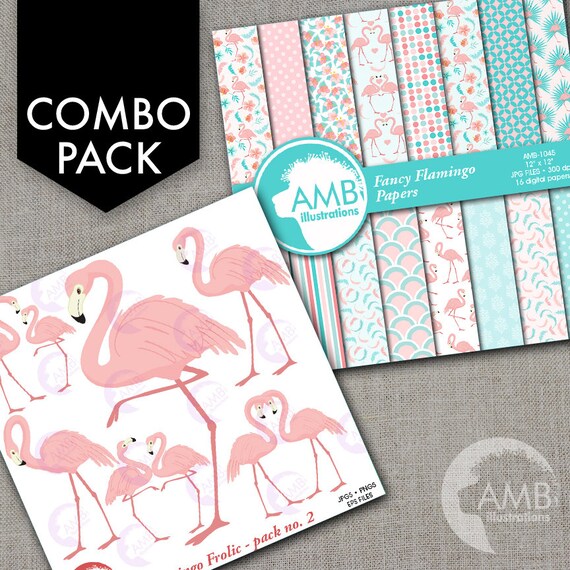 COMBO Flamingo Clipart and Digital Papers, Pink Flamingos, Floral Shabby Chic Wedding, Bridal Shower, Commercial Use, AMB-1682 Il_570xn