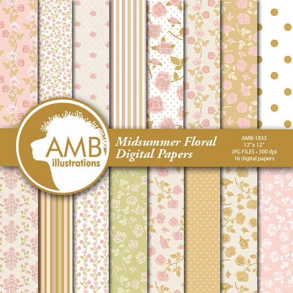 French rose gold Digital Papers, Shabby chic papers, pastel wedding papers, floral scrapbook papers, commercial use, AMB-1833 Il_570xn