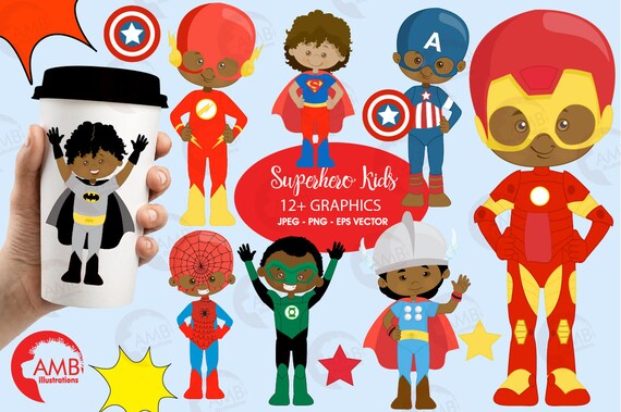 Download Superhero Kids Clipart Super Hero Dark Skin Tone Kids Etsy PSD Mockup Templates