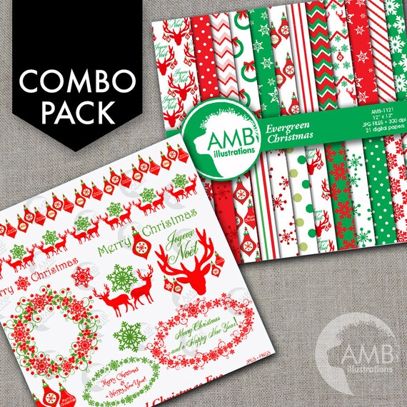COMBO Christmas Clipart and Digital Papers, Traditional Vintage Christmas, Reindeer, Ornaments, Decorations, Commercial Use, AMB-1628 Il_570xn