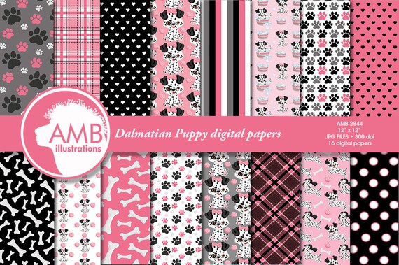 Puppy Dog Papers, Dog digital papers, Dalmatian Digital Backgrounds, Paws pattern papers, invites, card making and crafts, AMB-2844 Il_570xn