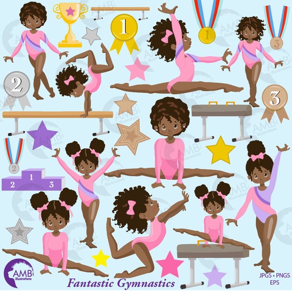 Gymnastic Girls clipart, Gymnast mini bundle, African American Girl gym, Gymnast clipart, vector graphics, instant download, AMB-2139 Il_570xn