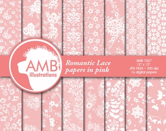 Shabby Chic lace papers, Lace backgrounds, Full lace digital paper, white lace on pink, simple lace paper, comm-use, AMB-1027