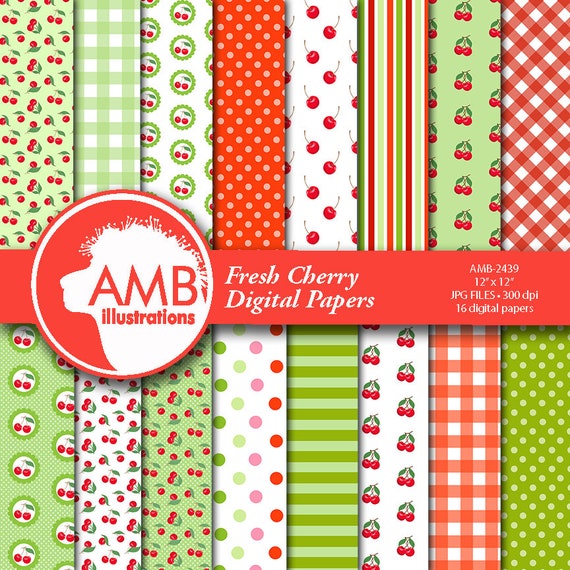 Cherries digital papers, Cherry paper, berry cherry scrapbook papers, Red and green Berry Papers, Fresh cherries AMB-2439 Il_570xn