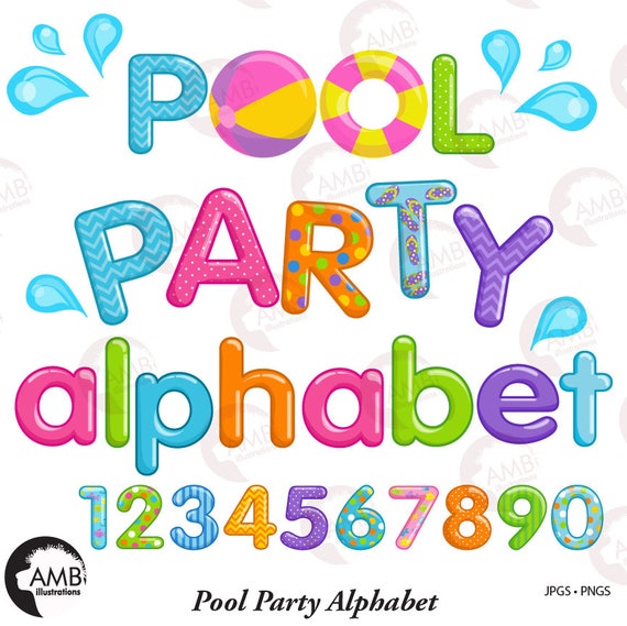 Pool Party Alphabet clipart, Pool party numbers clipart, Colorful alphabet, Commercial Use, AMB-2436 Il_570xn