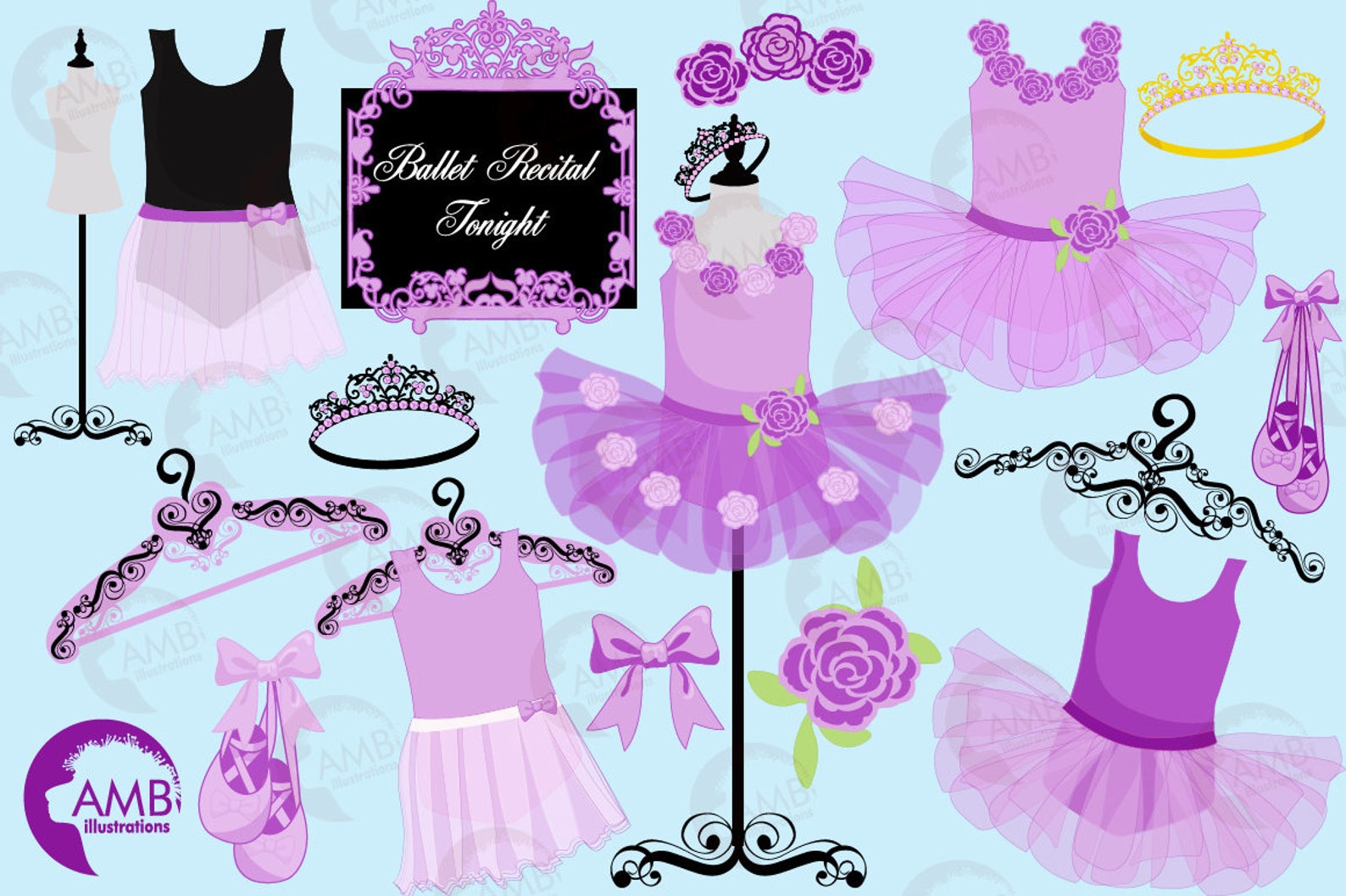 ballet clipart, ballerina clipart, ballerina tutus, lavender ballet costumes, for invites and scrapbooking, commercial use, amb-