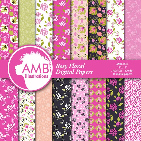 Floral Digital Papers, Pink Shabby chic papers, vintage flowers, pink floral digital papers, pink floral pattern, country chic, AMB-1812 Il_570xn