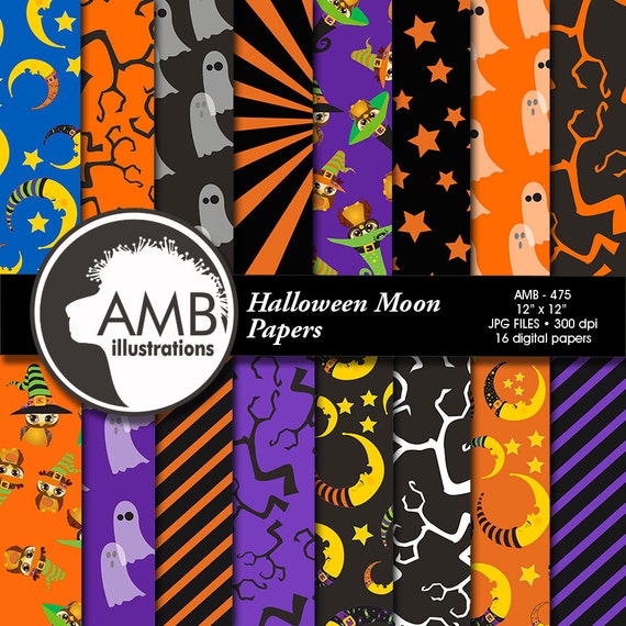 Halloween papers, Halloween digital papers, Owls, ghosts, scrapbook papers, commercial use, instant download, AMB-475 Il_570xn