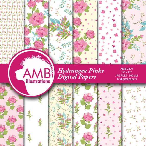 Hydrangea Digital Papers, Floral Digital papers, Shabby chic papers, Scrapbook papers, Floral Digital Backgrounds, AMB-2379 Il_570xn