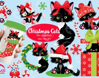 Cat clipart, Cute little cat Clipart, HAPPY kitty clipart, Christmas cat, christmas cat clipart, commercial-use, AMB-2662