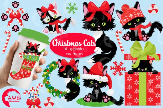 Cat clipart, Cute little cat Clipart, HAPPY kitty clipart, Christmas cat, christmas cat clipart, commercial-use, AMB-2662 Il_570xn
