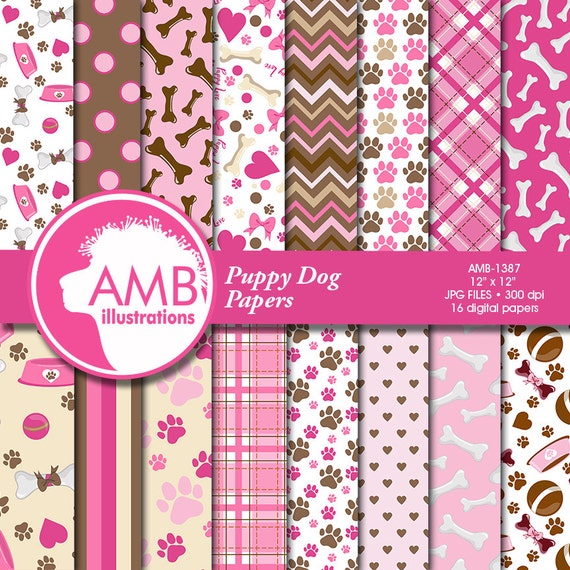 Puppy Dog Papers, Dog digital papers, Pink Puppy Papers, Paws pattern papers, invites, card making and crafts, AMB-1387 Il_570xn