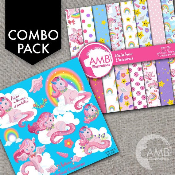 COMBO Unicorn Clipart and Digital Papers, Rainbow Clipart, Rainbow Unicorn Baby Clipart, Pink Unicorns, Commercial Use, AMB-1675 Il_570xn