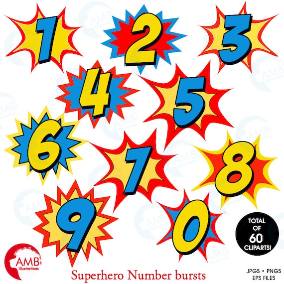 Superhero Numbers clipart, Numbers clipart, Numbers clipart with bursts, commercial use, AMB-1340 Il_570xn