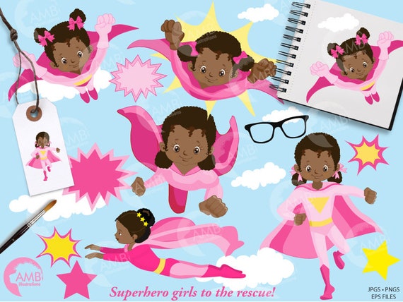 Superhero Clipart, Superhero darks skin girl Clipart, Super Hero Girls Clipart, Super Girl in Pinks, African American girls,, AMB-1801 Il_570xn