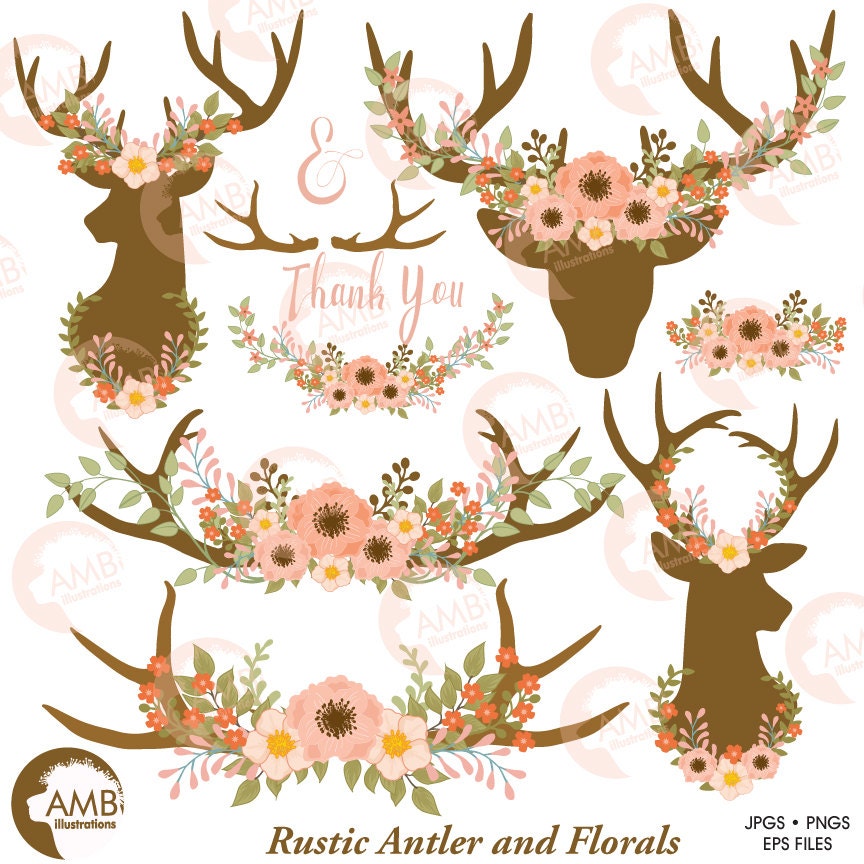 Wedding Clip Art Floral Antlers Antler and Floral Wreath | Etsy