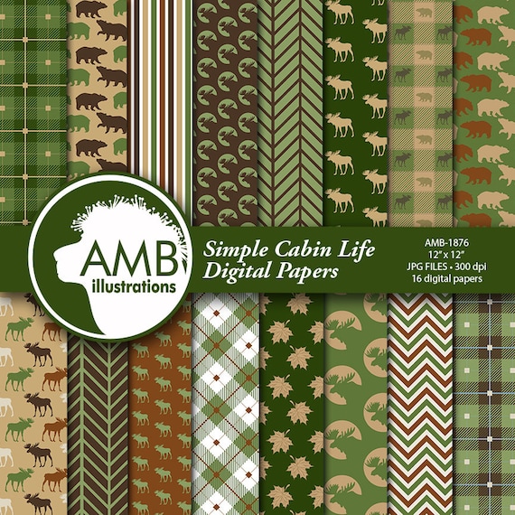 Cabin digital paper, Family lodge scrapbook paper, rustic digital paper, plaid, buffalo, moose, bear, instant download, AMB-1876 Il_570xn