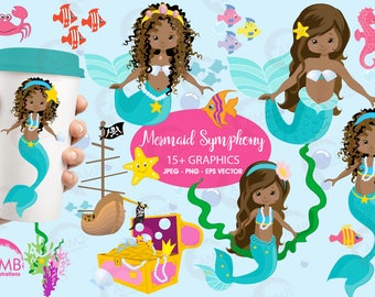 Mermaid clipart, African American Mermaids Clipart, dark skin mermaids, Under the Sea Clip Art, Commercial use, AMB-1363