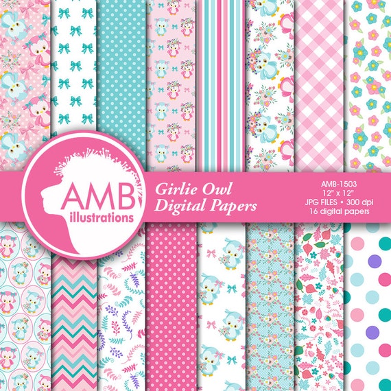 Girlie Owl Digital Papers, Owl digital papers, Girl Owl Digital papers, Pastel Colored Owls, commercial use, AMB-1503 Il_570xn
