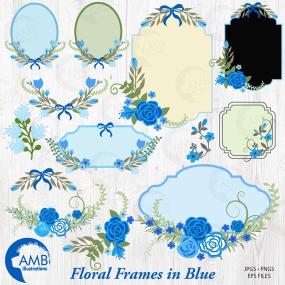 Floral Frames and Tags Clipart, Wedding Frames in Blue Clipart, Floral labels Clipart, Commercial Use, Instant Download, AMB-863 Il_570xn