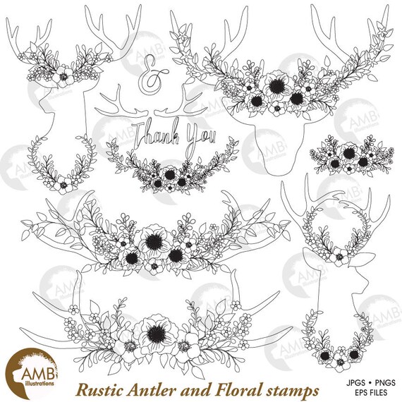 Download Wedding Digital Stamps Clipart Floral Antlers Antler And Floral Embellishments Floral Deer Antler Clipart Save The Date Stamps Amb 1827 By Ambillustrations Catch My Party