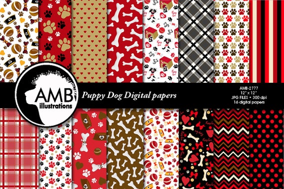 Puppy Dog Papers, Dog digital papers, Blue Dog Digital Backgrounds, Paws pattern papers, invites, card making and crafts, AMB-2777 Il_570xn