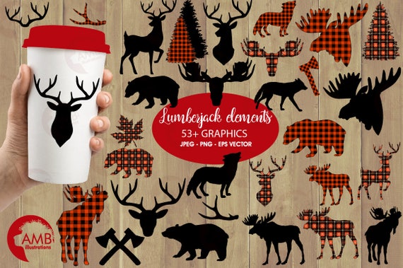 Lumberjack clipart, Buffalo plaid clipart, 54 Forest animal silhouettes, Moose, Trees, Wolf, Deer, Bear, Antlers, AMB-2315 Il_570xn