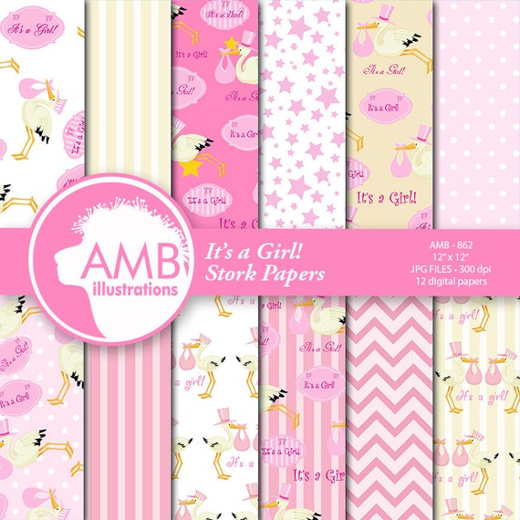 Baby shower Papers, Girl Baby Shower Papers, It's a Girl Backgrounds, Stork Clipart, New Baby Girl papers Comm-use, AMB-862 Il_570xn