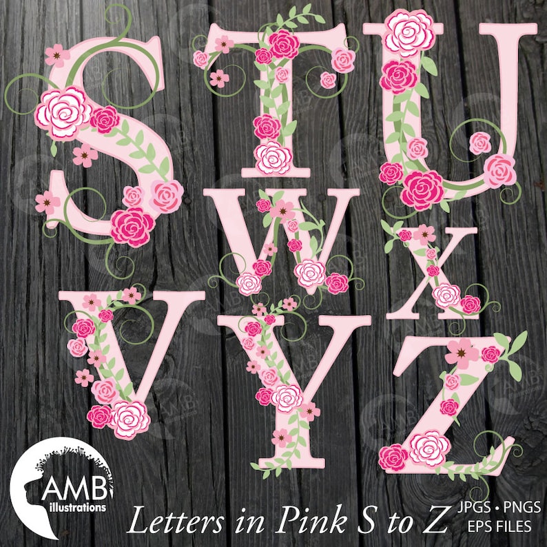 TRIO Floral Alphabet clipart Pack Letters A to Z Shabby Chic Wedding Pink Roses Letters Amb-1624 commercial use Floral clipart