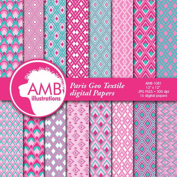 Geometric digital papers, Pink and Turquoise papers, Diamond Geometric Digital Backgrounds, Commercial Use, AMB-1081 Il_570xn