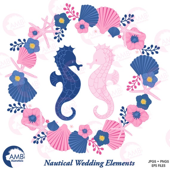 Nautical Clipart Coastal Clipart Wedding Clip Art Beach Wedding Clipart Pink And Blue Floral Clipart Seahorse Amb 1393