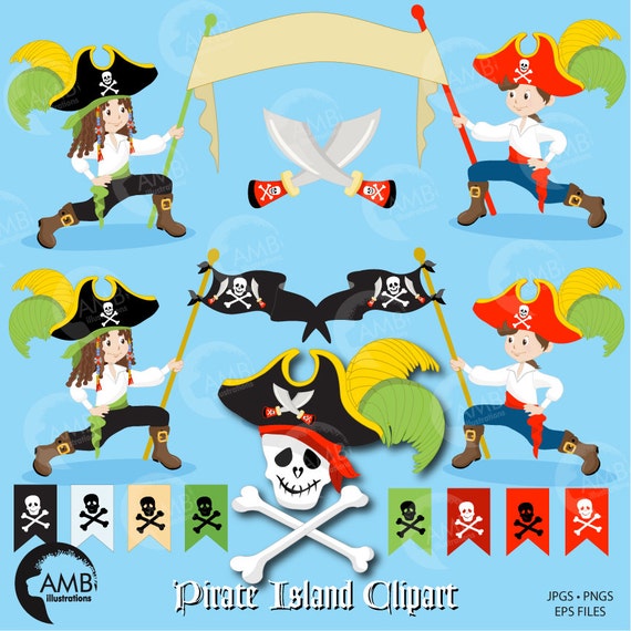 Pirate Clipart, Pirate Birthday Clipart and Embellishments, Skull and Cross Bones Clipart, commercial license, AMB-177 Il_570xn