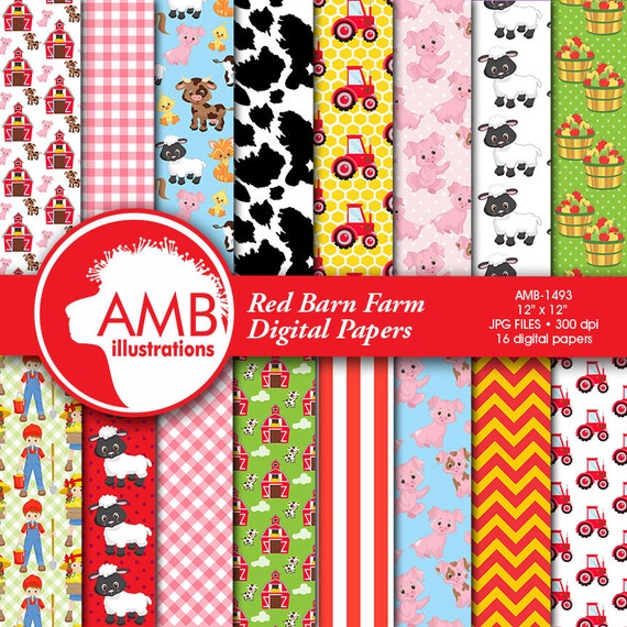 Red Barn digital papers, Farm digital papers, Animal papers, Red tractor papers, cow paper, farm critter pattern, AMB-1493 Il_570xn