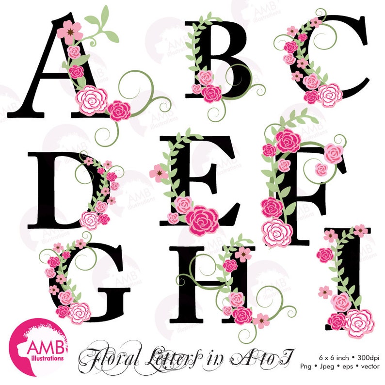 AMB 932 Wedding Clipart Letters A To I Commercial Use Floral Alphabet AMB 932 Wedding Clipart Letters A To I Commercial Use Floral Alphabet