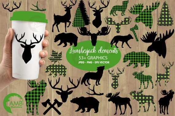 Lumberjack clipart, GREEN Buffalo plaid clipart, 54 Forest animal silhouettes, Moose, Trees, Wolf, Deer, Bear, Antlers, AMB-2360 Il_570xn