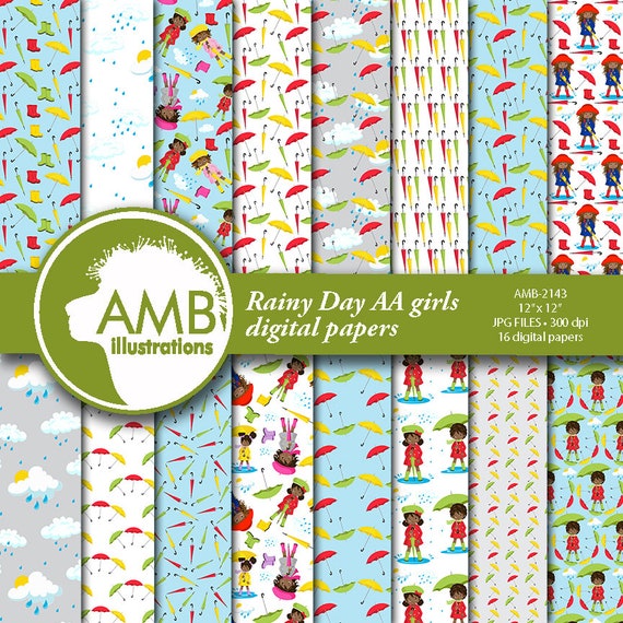 Rainy day digital paper rainy scrapbook papers AMB-2141 comm-use rainy day girls papers weather paper