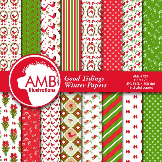Traditional Christmas Digital Paper, Holiday Background, Scrapbooking, Christmas cardinals, Comm-Use AMB-1423 Il_570xn