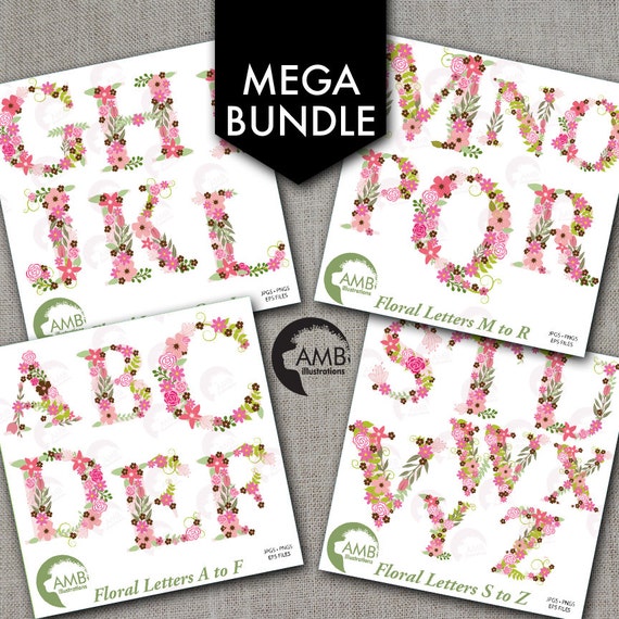 MEGA Bundle Floral Alphabet Clipart, Alphabet clipart Letters A to Z, Wedding Floral clipart, commercial use, AMB-1641 Il_570xn
