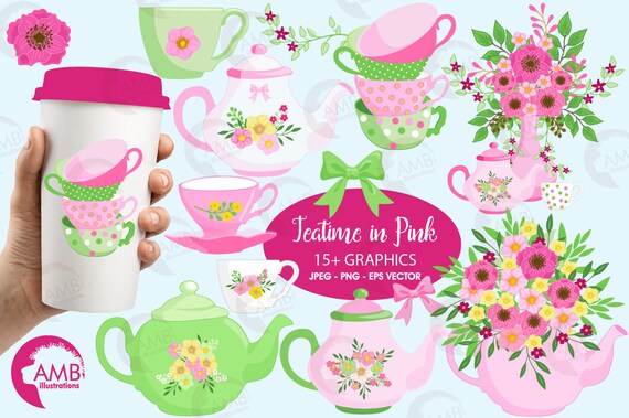 Tea Time Clipart, Teapot, Tea Party Clipart, Tea Pot, Tea Time, Teatime Pink Flowers Clipart, Florals Clipart, Commercial Use, AMB-1960 Il_570xn