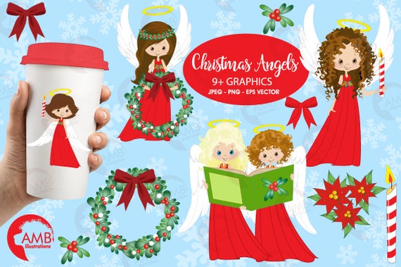Christmas Clipart, Christmas Angel clipart, Angels in Christmas Red Clipart, Wreaths, Bows, Candles, Commercial Use, AMB-1119 Il_570xn
