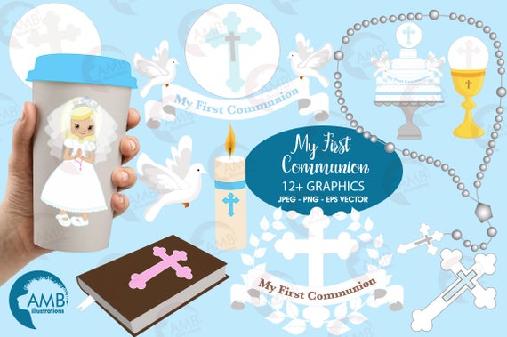 First communion clipart, Christian clipart, Bible, rosary, communion banner, create invitations & crafts, commercial use, AMB-1255B Il_570xn