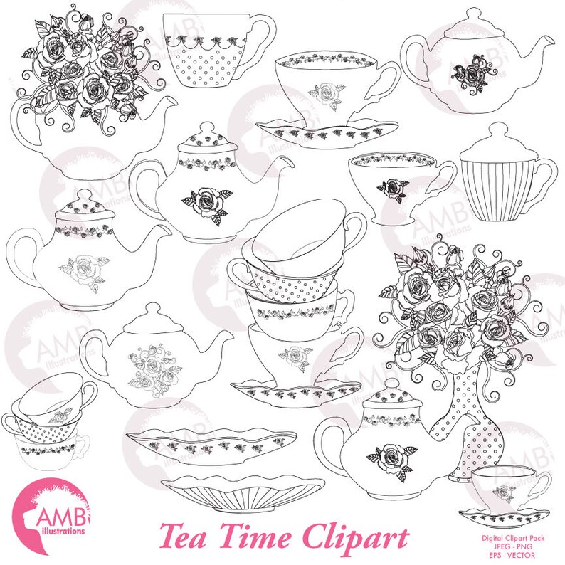 Tea Time Clipart Tea Party Digital Stamps Clipart Tea Pot Etsy