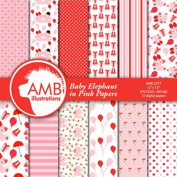 Elephant in pink papers, Pink Elephant papers, Baby girl elephant patterns, Pink elephants papers, Commercial use AMB-2277 Il_570xn